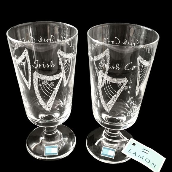 Eamon Irish Coffee Glass Set Pair Stemmed Etched Harp Shamrocks Hand Etched. - Picture 5 of 16